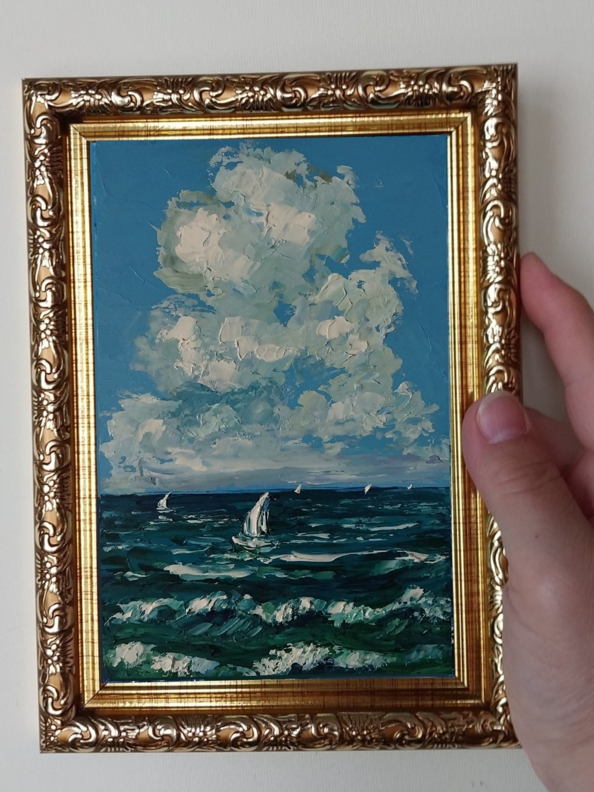 Framed Sailboats Art Cloudy Sky Seascape 4×6 inch Impasto Oil Painting Original