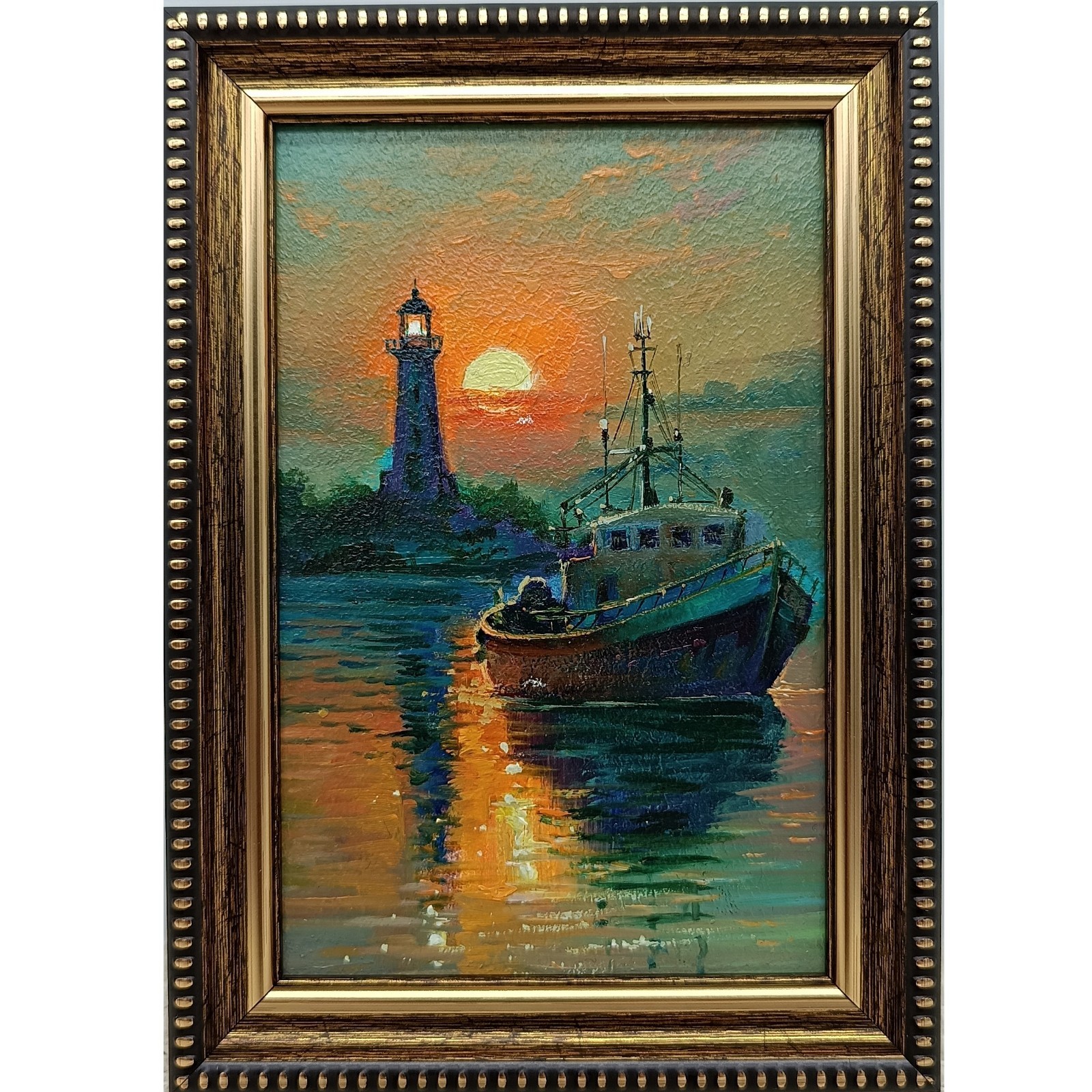 Lighthouse Original Oil Painting 4×6 Framed Signed Boat Sunset Maritime Art