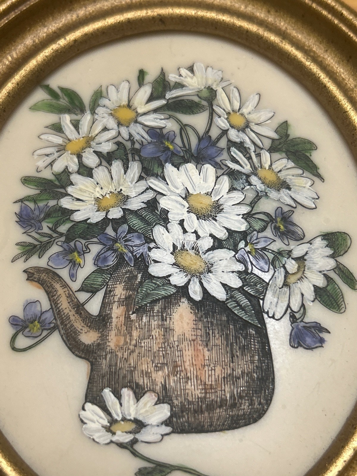 Vintage Oval Gold Frame Handpainted Daisies in watering can on Resin 5.25″X6.25″