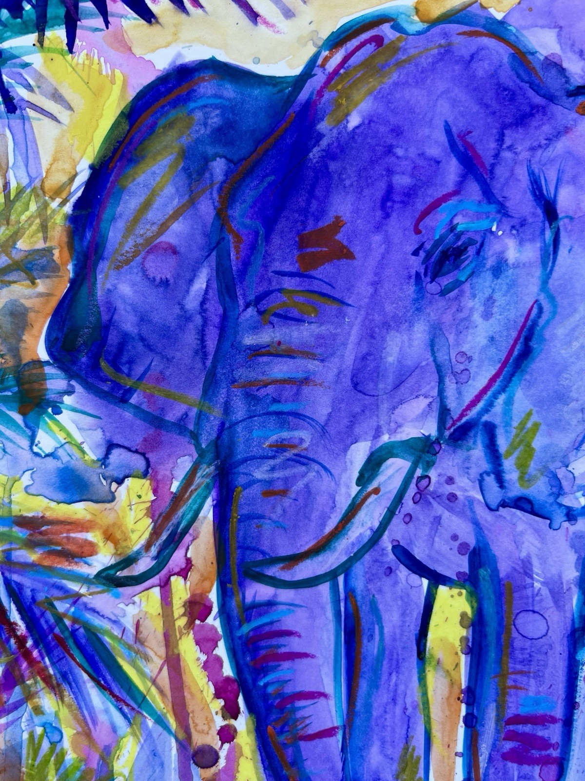 PURPLE ELEPHANT IN JUNGLE COLORFUL LANDSCAPE PAINTING STUDY ON PAPER 11×17