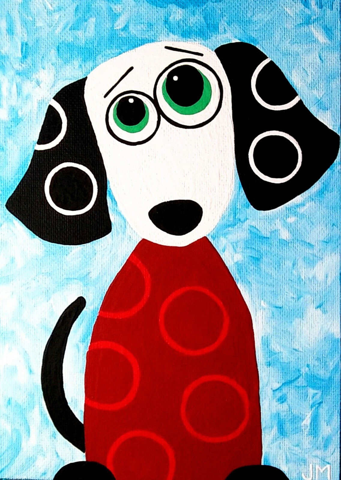 Sale! whimsical original painting 5″x7″ signed “Dog in a Little Trouble”