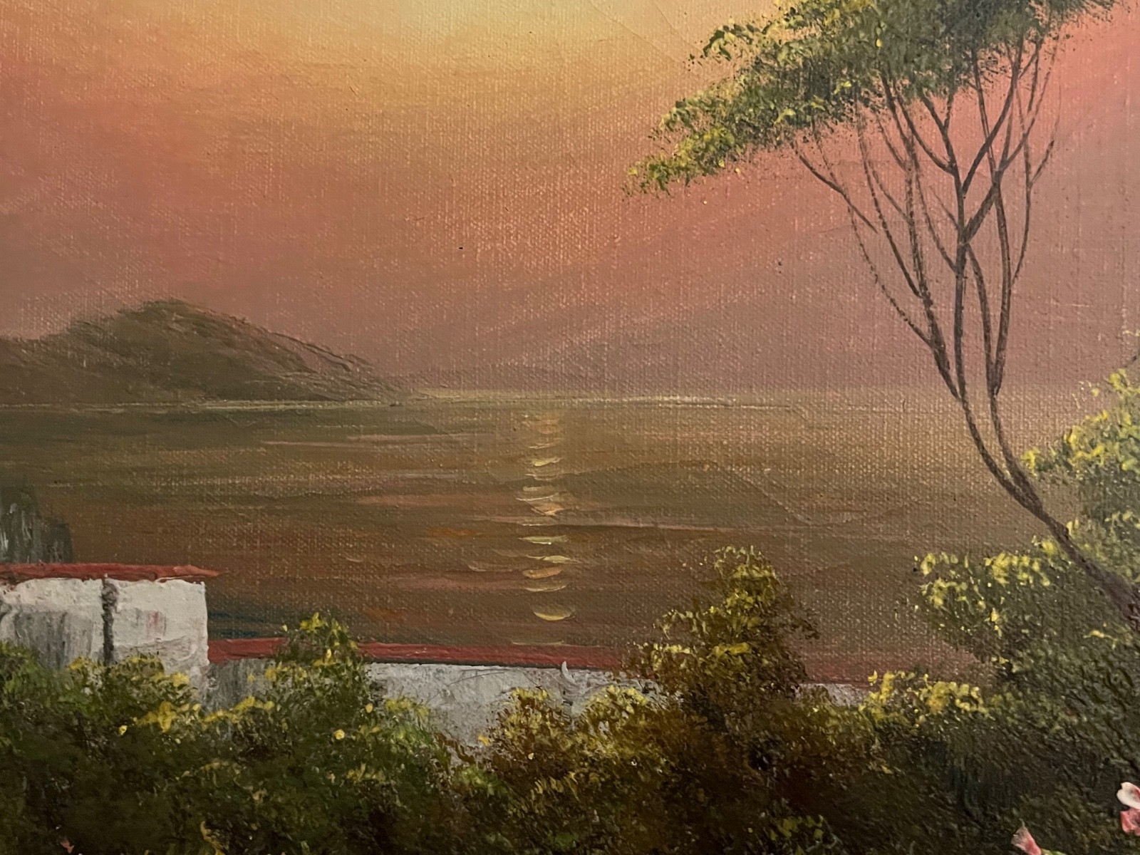 Framed Original oil on canvas signed by Rossini , Coastal Italian Villa 44×31.5”