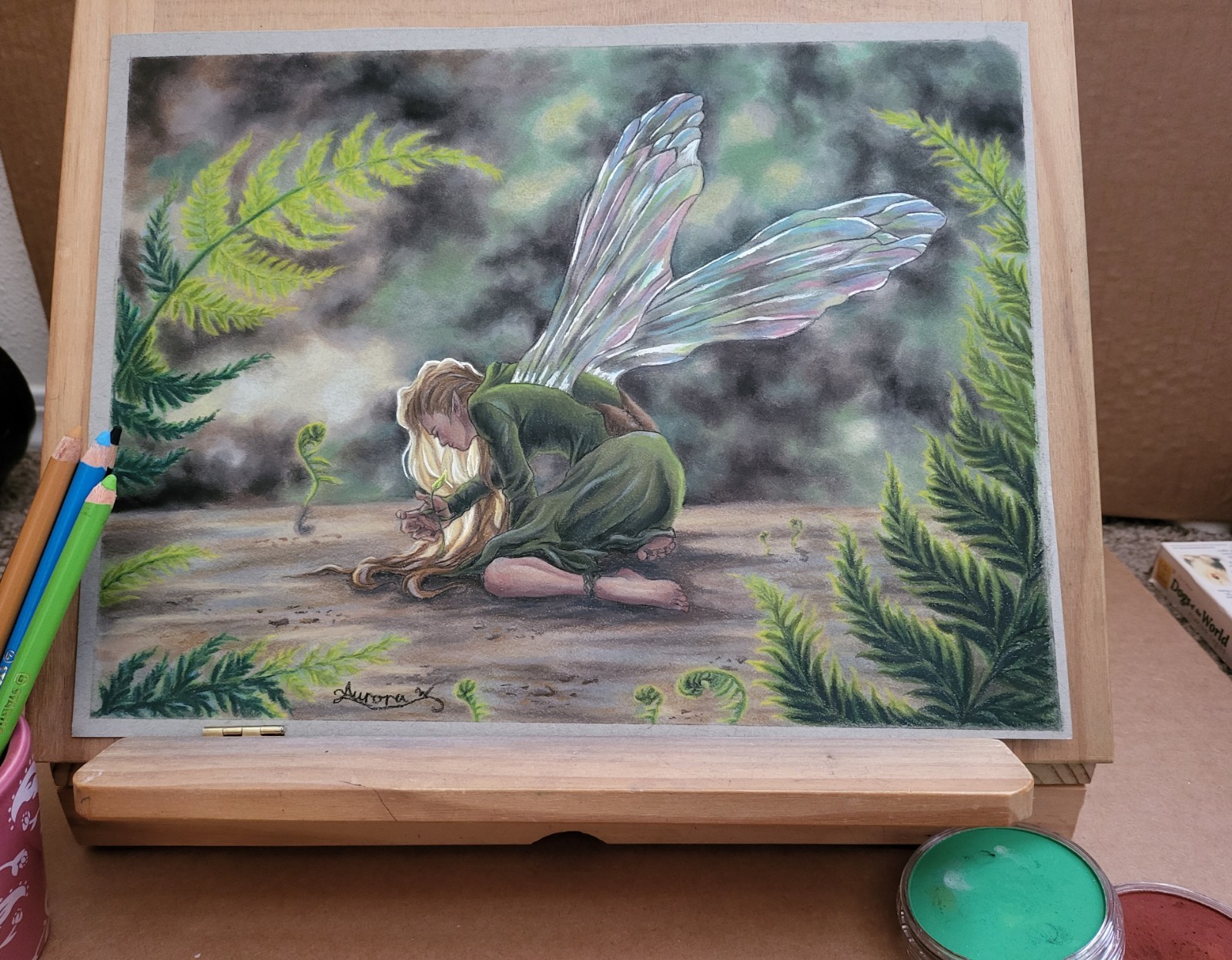 “Fern Fairy Tending A Sprout” Pastel On Toned Paper Artwork
