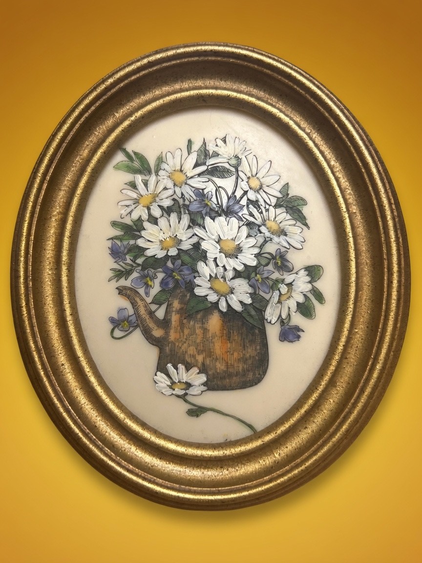Vintage Oval Gold Frame Handpainted Daisies in watering can on Resin 5.25″X6.25″