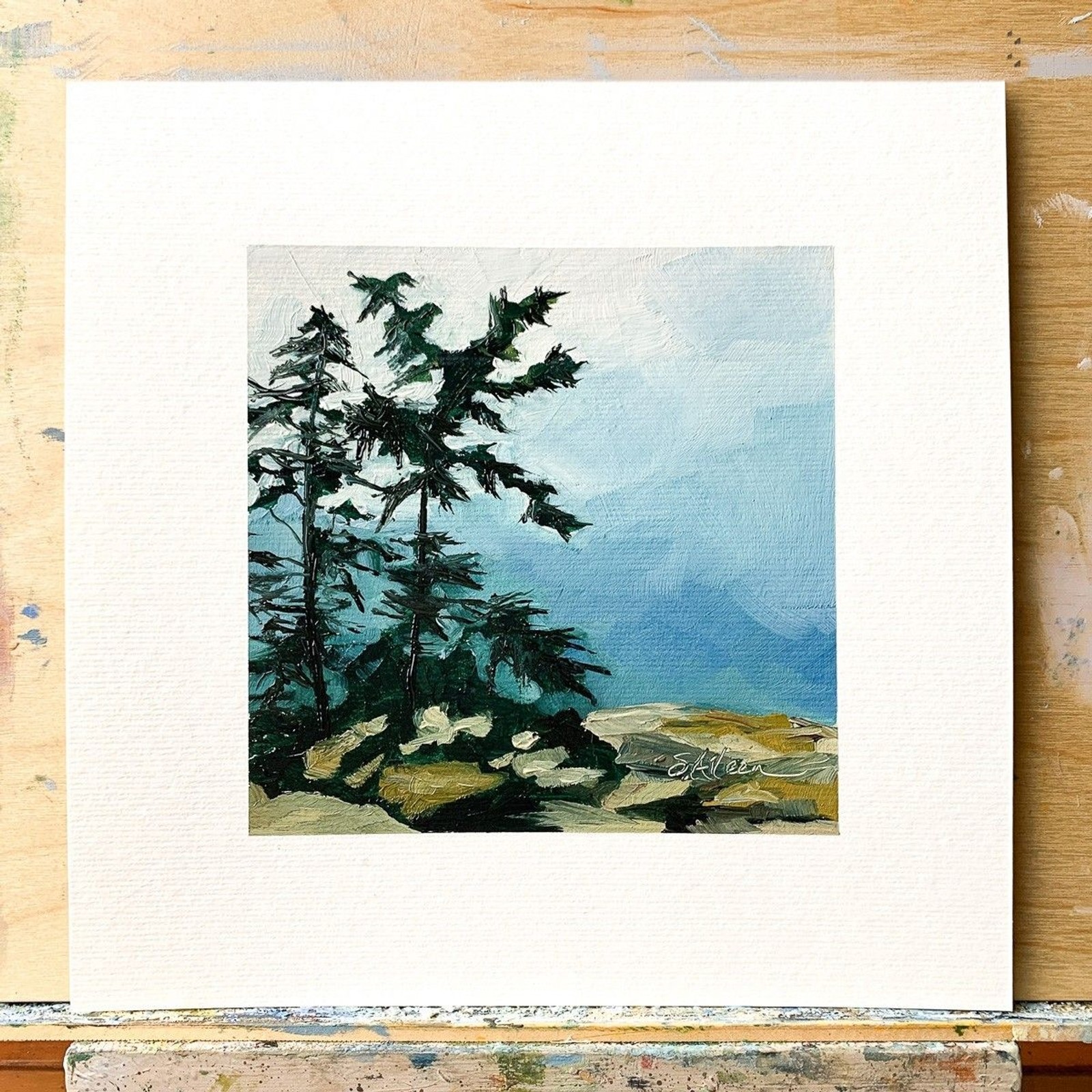 8×8 Maine Original Oil Painting Acadia Pine Trees Cadillac Mountain Moody Signed