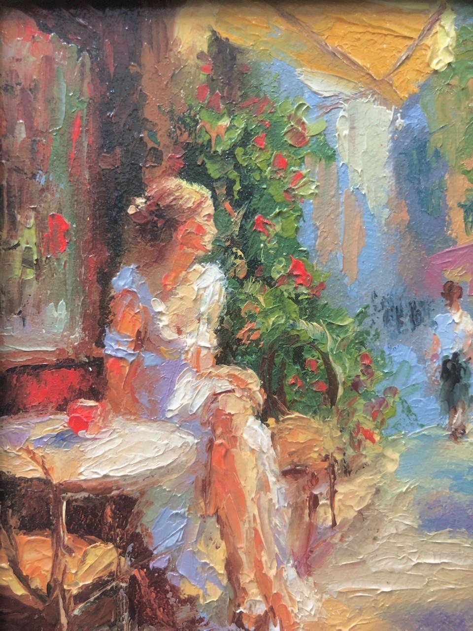 Original Oil Painting in Frame Girl at the Table Summer Day 6х4in signed