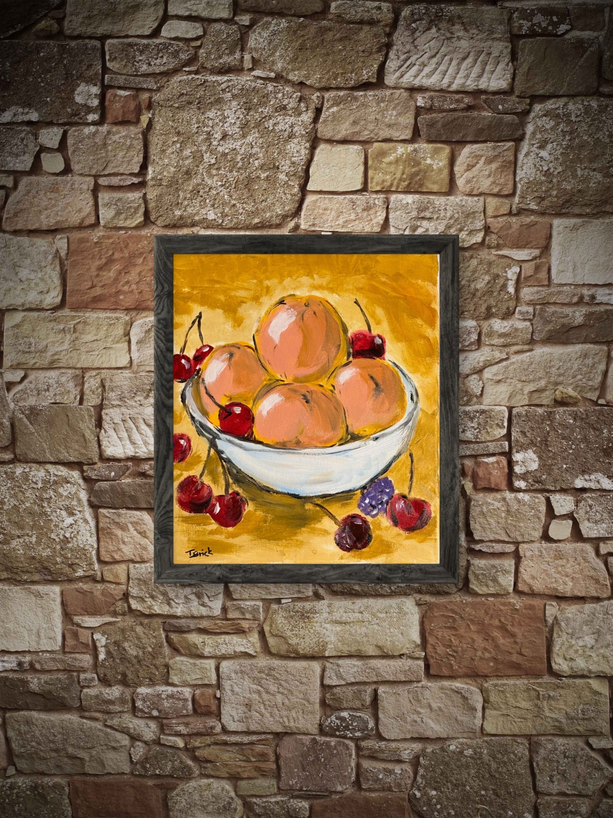 Peach Still Life Painting Original Fruit Bowl Acrylic Art Cherries Kitchen Decor