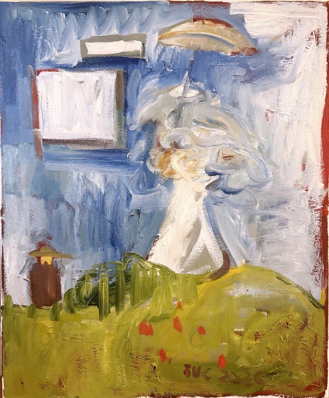 Abstract Woman With Parasol Landscape Oil Painting 24”x20” Canvas Original Art