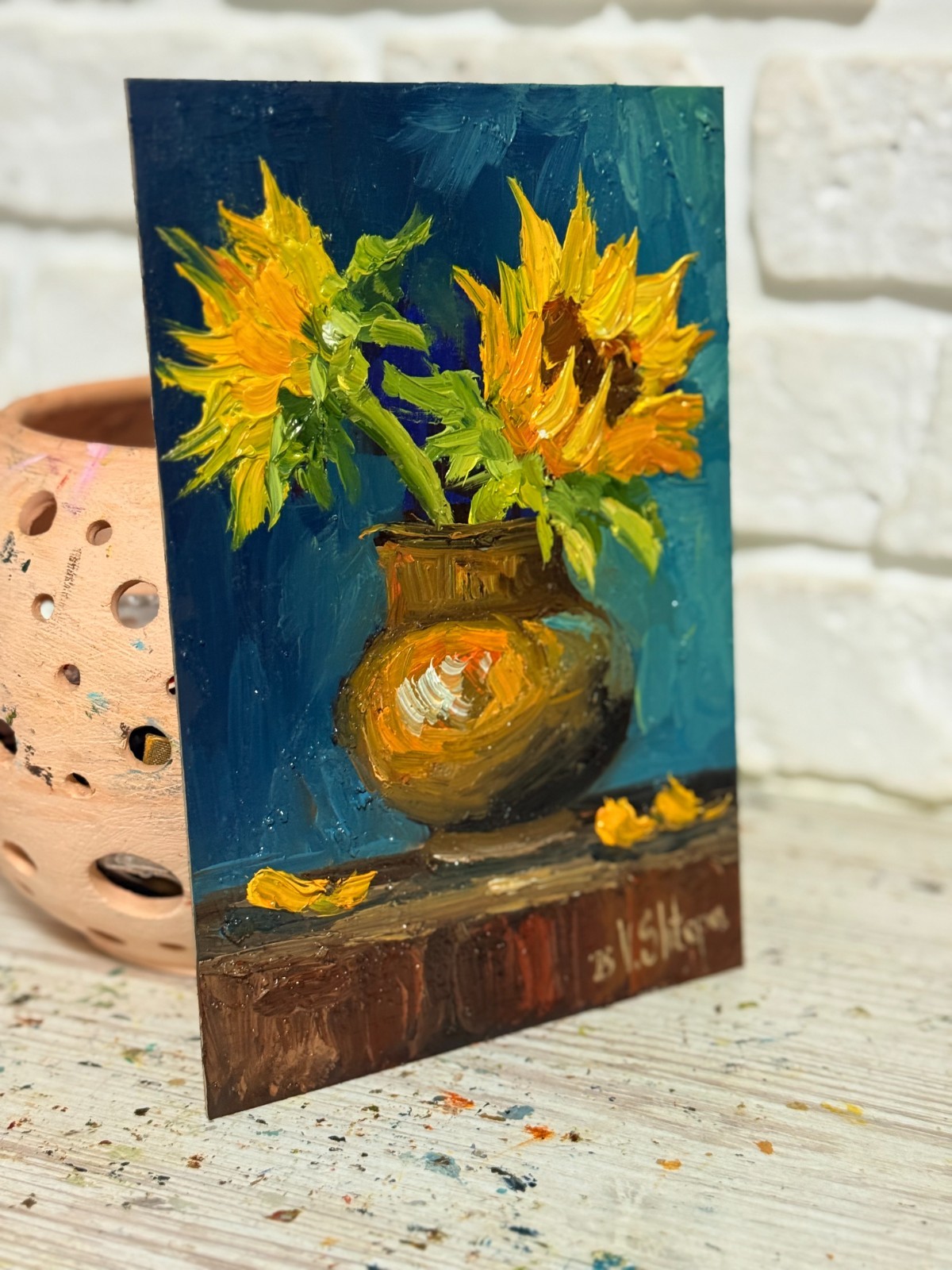 Sunflowers Oil Painting Original Art Impasto Flower Still Life Vintage Vase