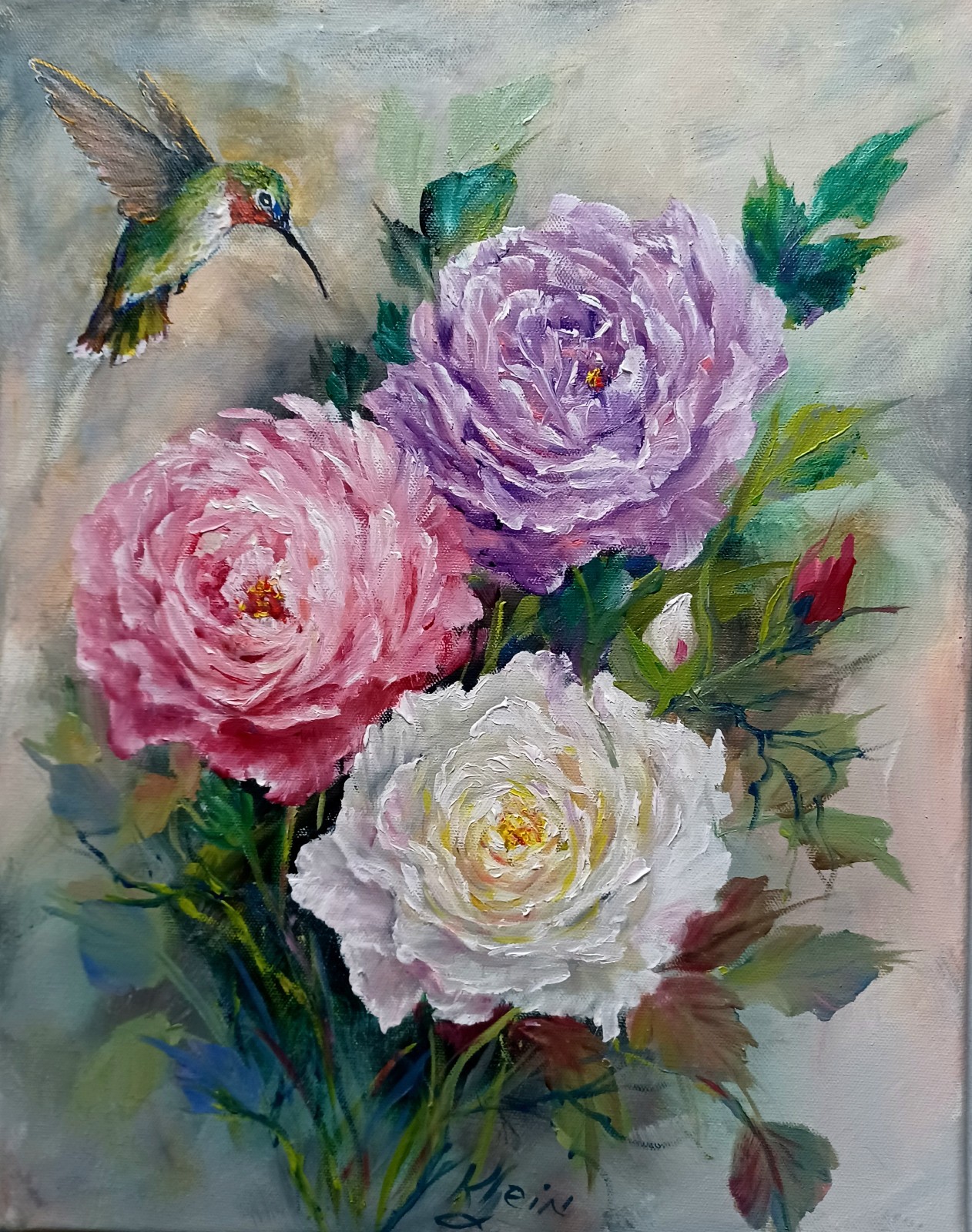 HUM AND MULTI-COLORED ROSES Original Floral 14×18 BIRD PAINTING BY ARTIST KLEIN