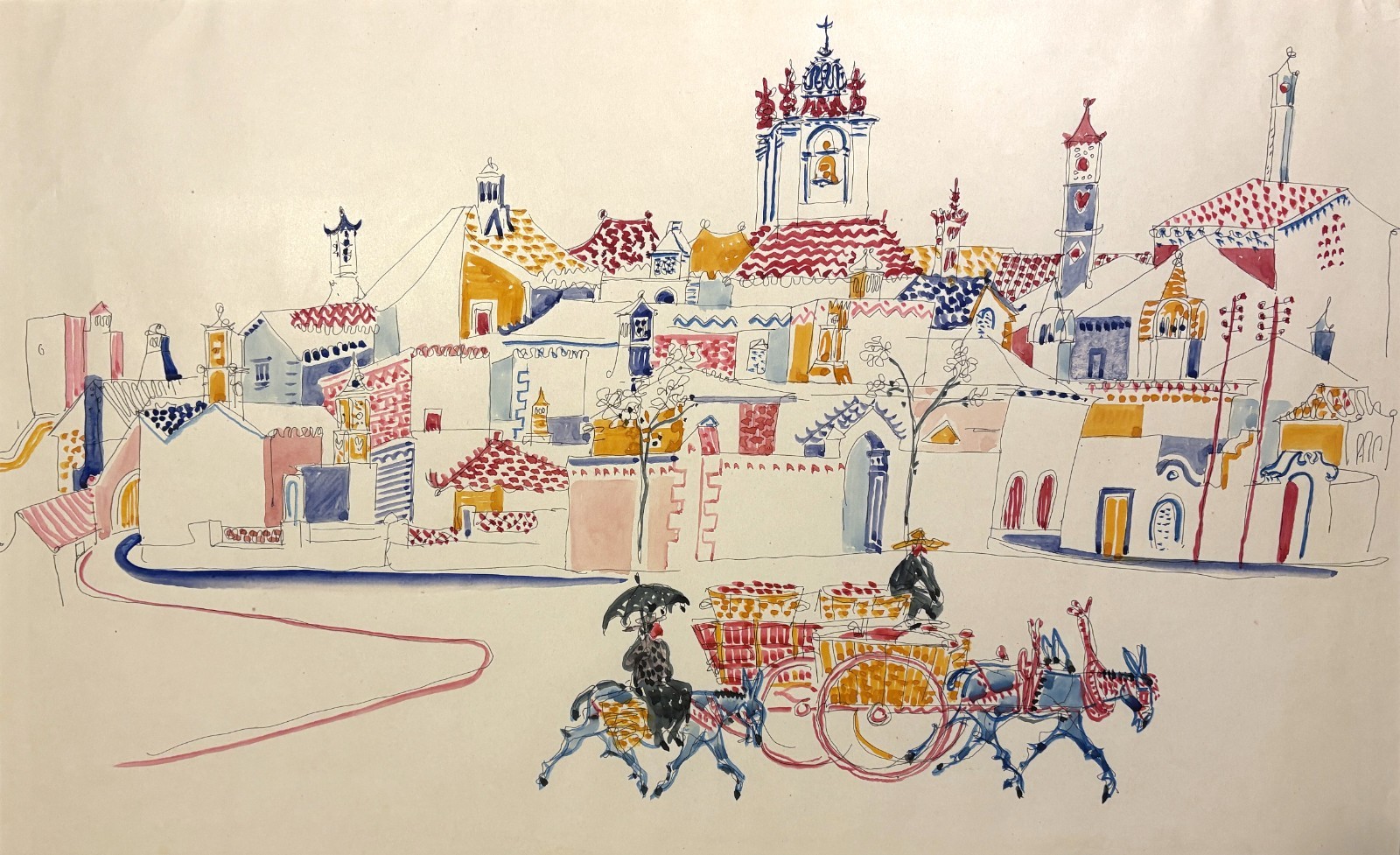 ALFRED BENDINER 20th c. American PA Artist WATERCOLOR Faro Portugal 1957