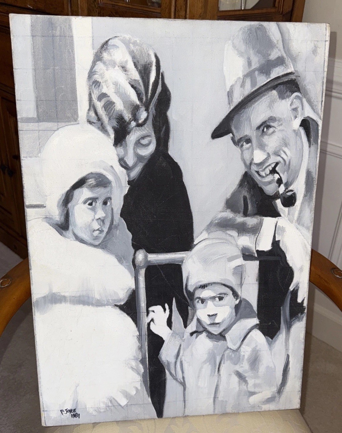 Vintage 1981 Portrait Painting Family in Black &White Canvas Figurative 16”x 23”