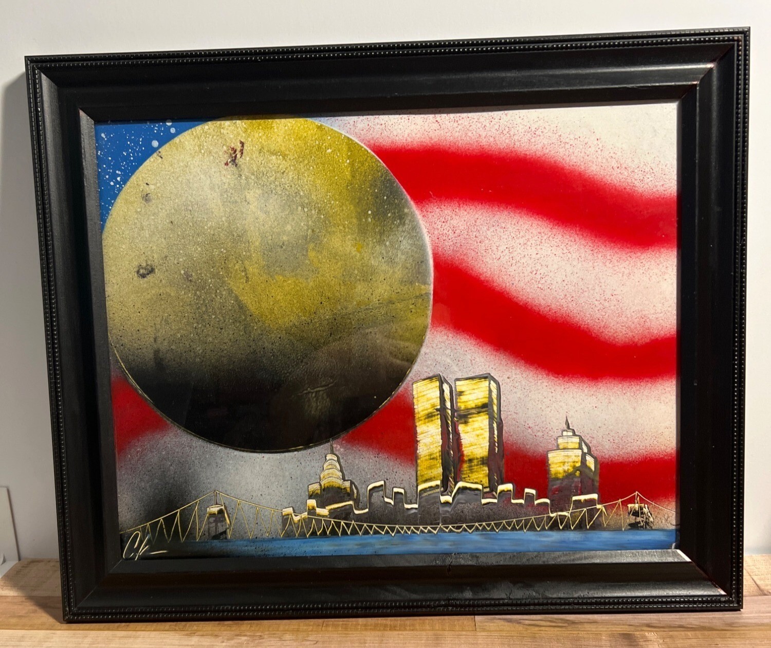 Framed Spray Paint Artwork Of Twin Towers & American Flag