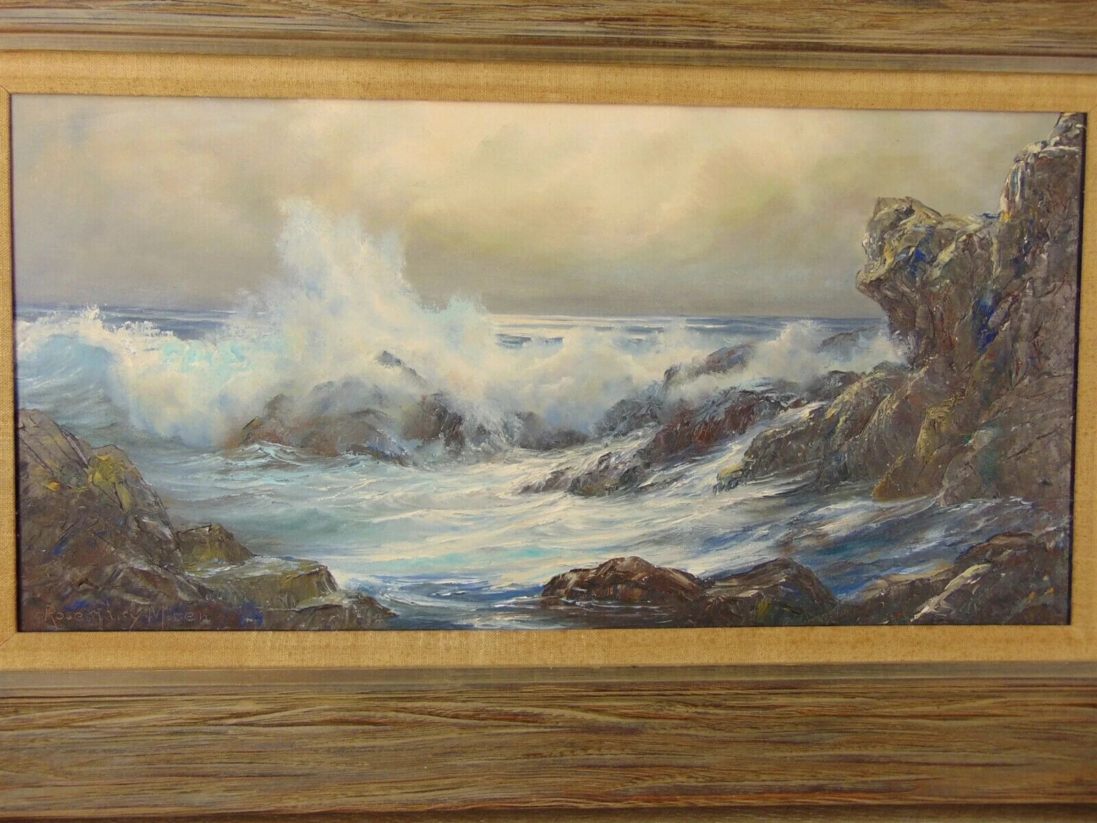 Original Painting Horizontal SEASCAPE by ROSEMARY MINER Rocks Storm Superb!
