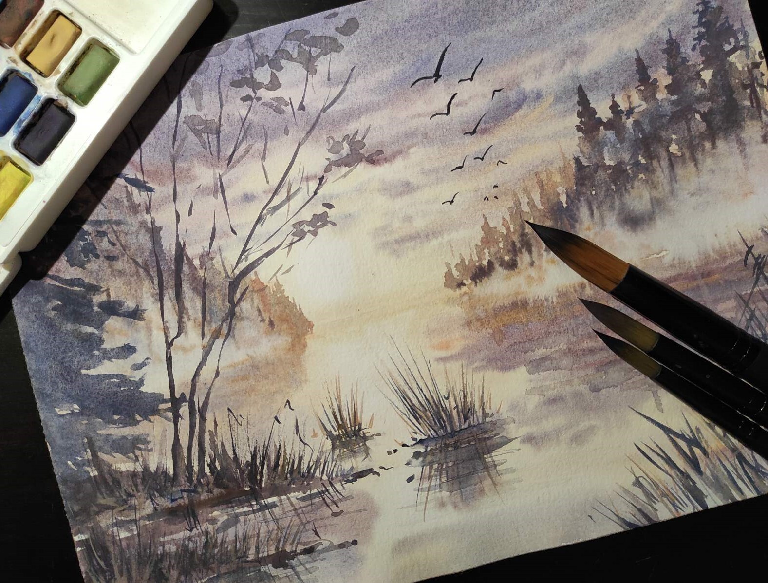 FOGGY LANDSCAPE Birds Flying CLOUDY SKY Original Art Painting Bob Ross Style A4