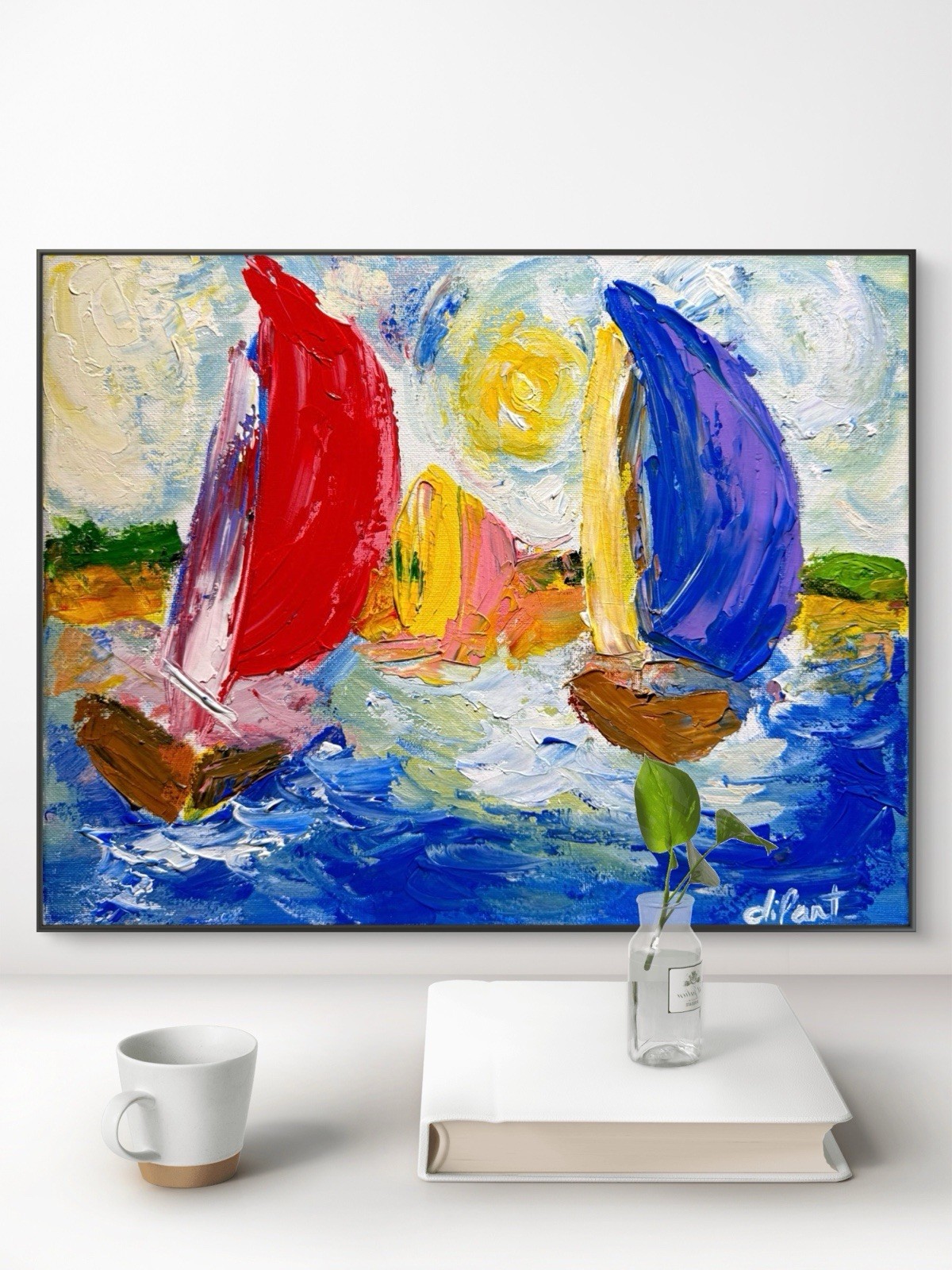 Regatta Original Art 14×11 Canvas Sailboats Impressionist Fine Art Abstract