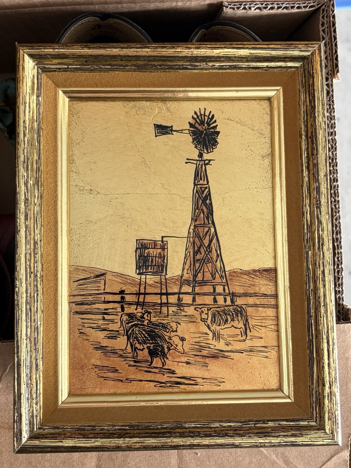 Original Foil Art “Wind Mill” 1970’s, Rural Seen West Texas Ink On Glass