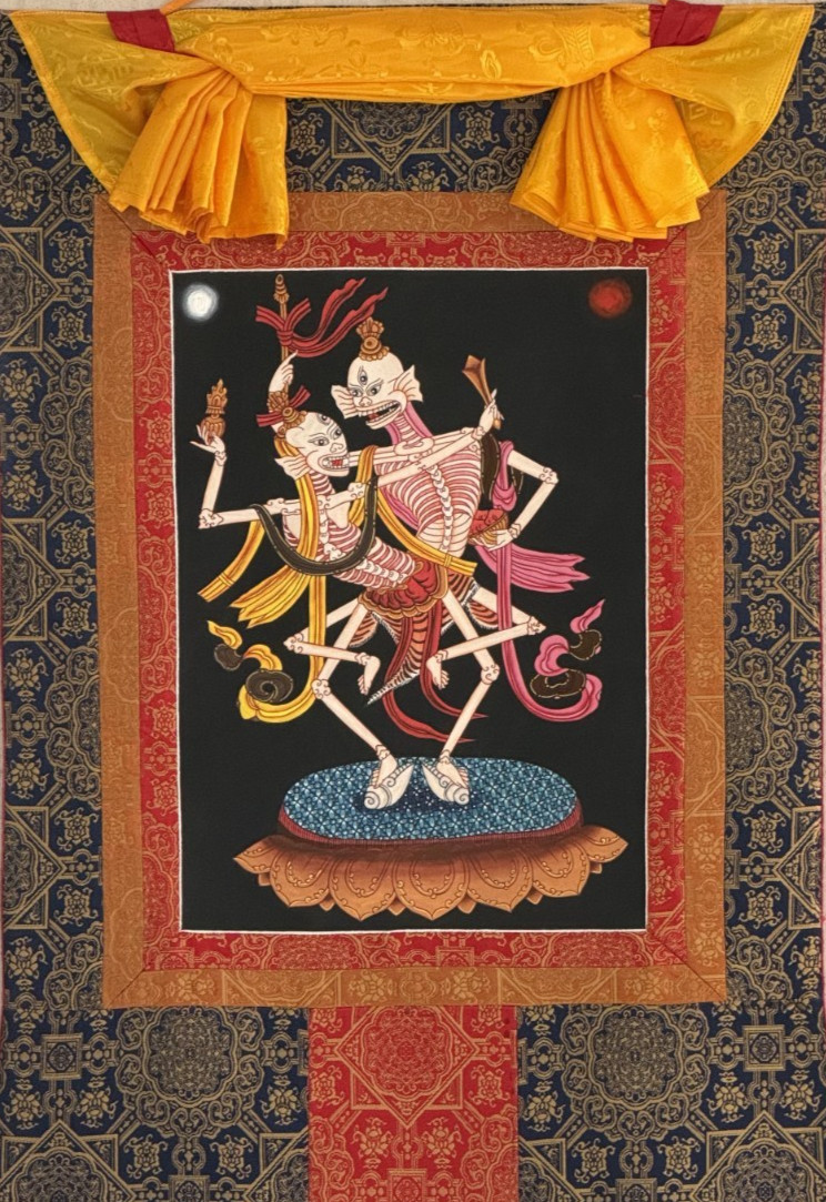 CITIPATI DANCING SKELETONS HAND-PAINTED TIBETAN THANGKA ART WITH SILK BROCADE