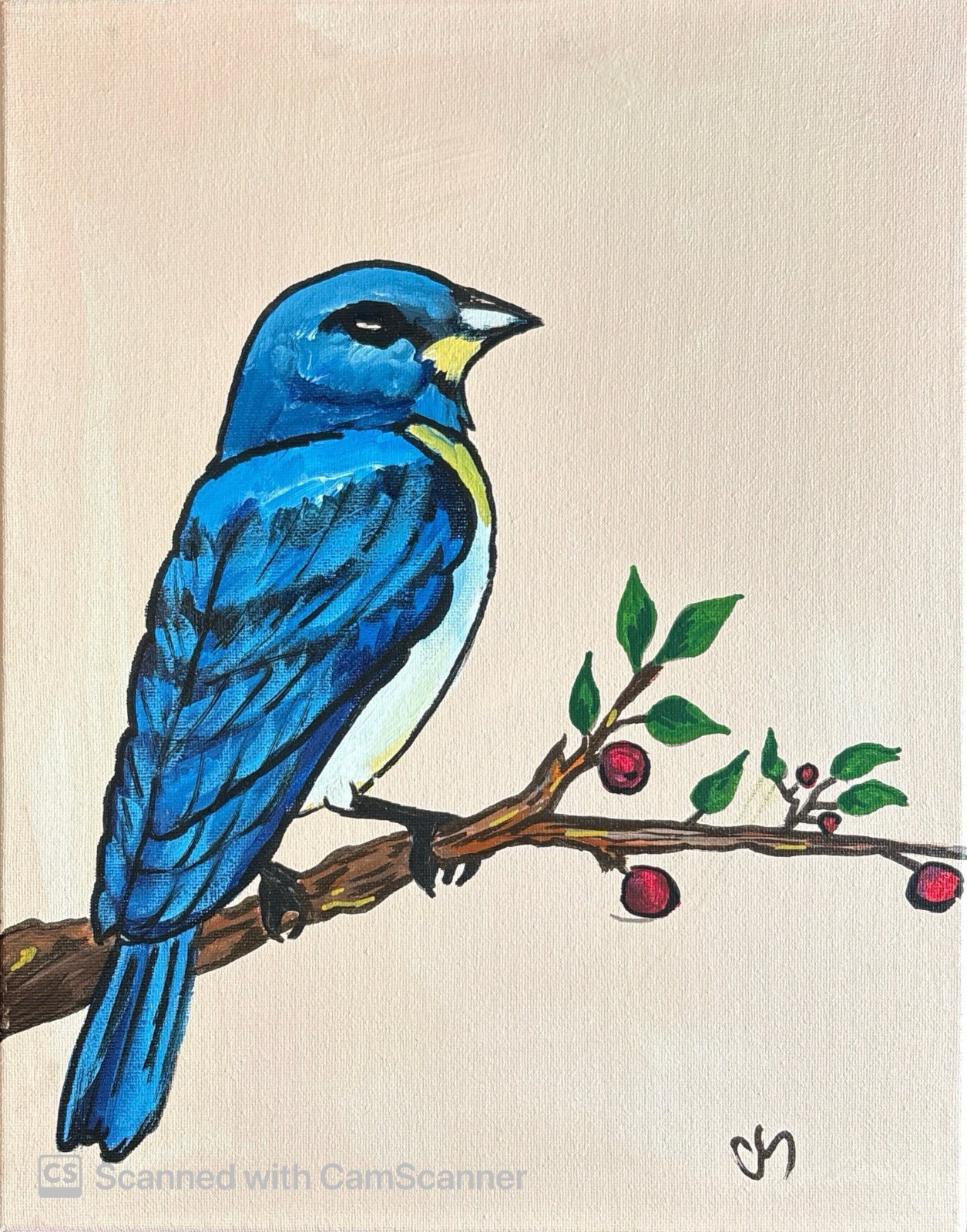Blue Bird Berry on a Branch Original Acrylic Painting 11×14 Signed Canvas Art