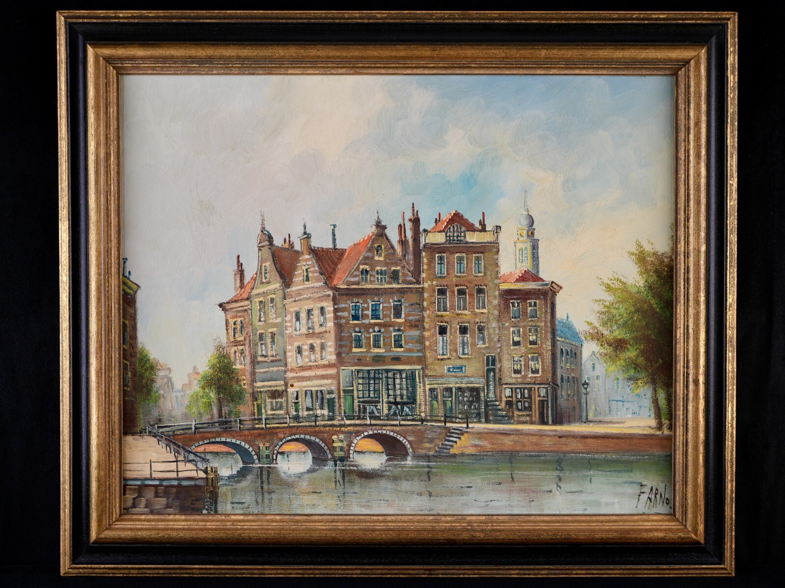 Vintage Framed Original Impressionist Cityscape Oil on Canvas “Amsterdam Canal”