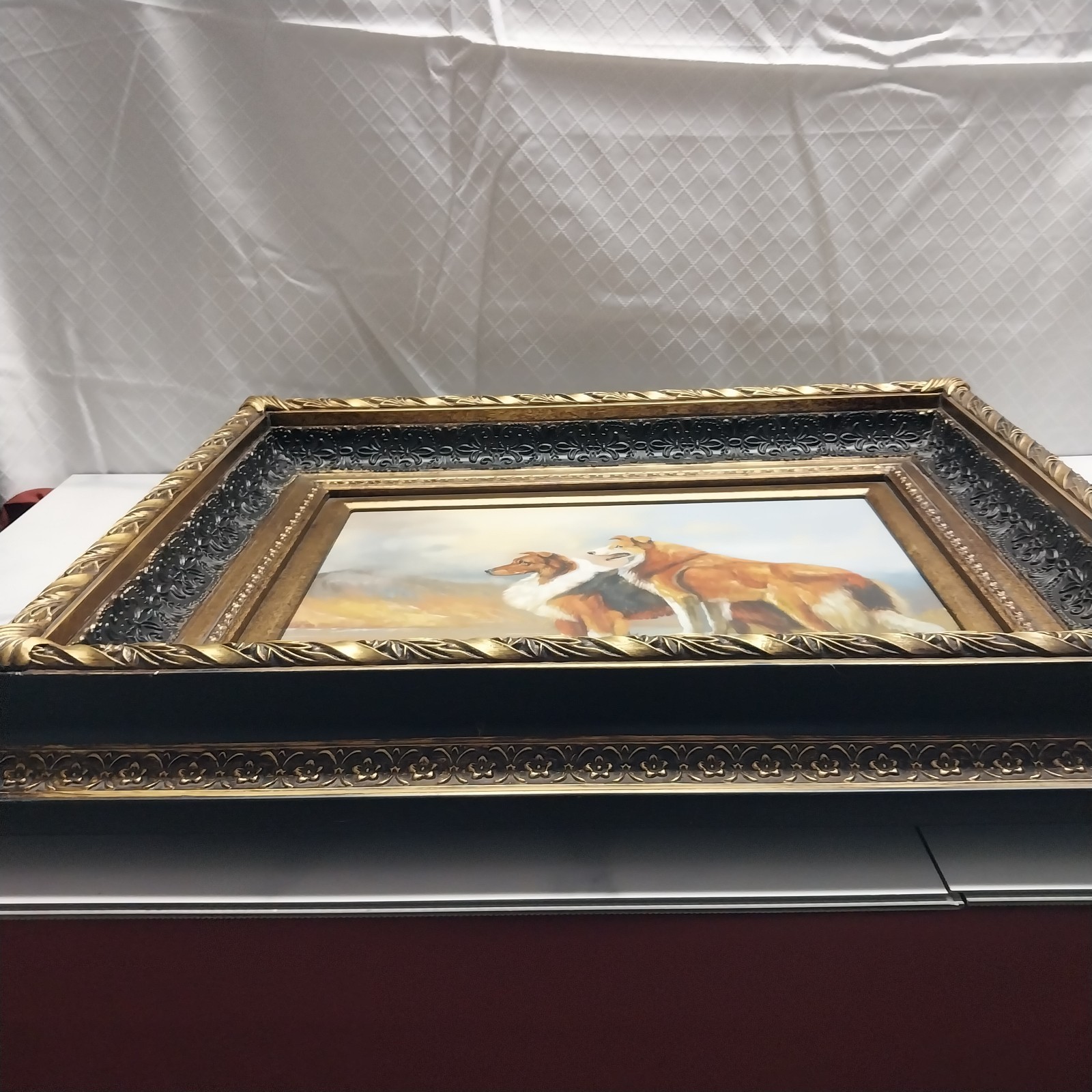 Oil Painting 2 Collies “Lassie” on Rock in large luxury frame 25.75X21.75