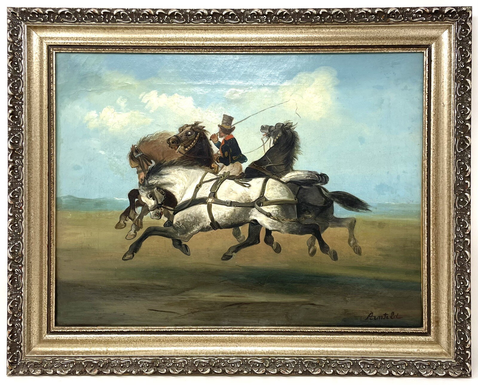 ANTIQUE 19thC Horses Oil Painting Signed Armfeld Italy Italian Racing Horse KB23