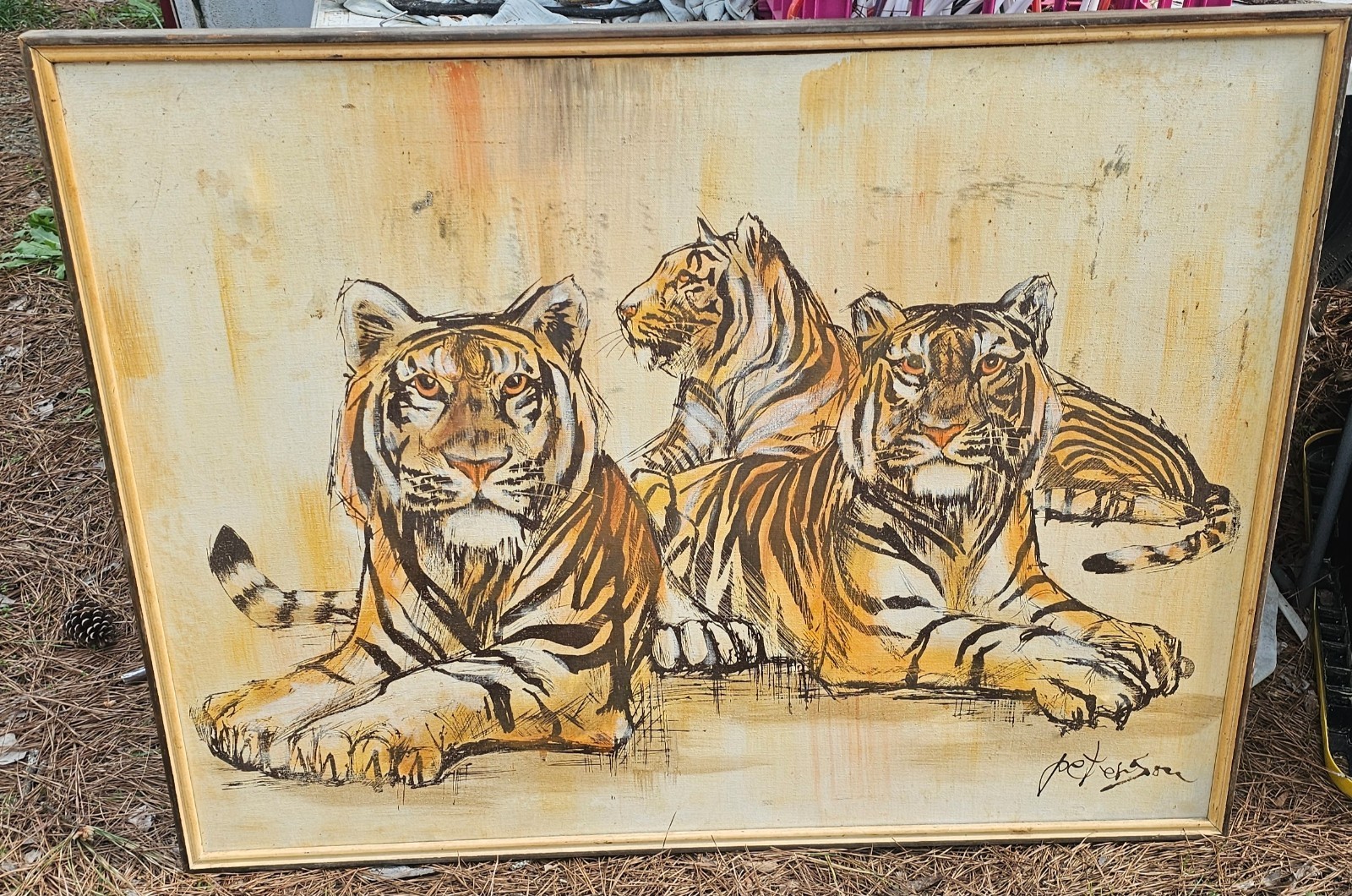 60s or 70s Large 3 Tigers Oil Painting signed Peterson on Canvas 41″×31″
