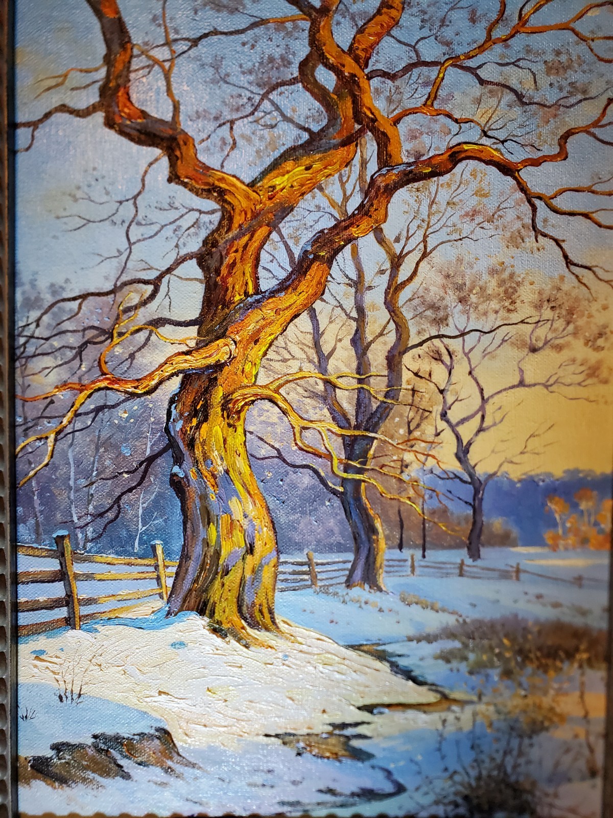 Original Oil Art Framed winter landscape painting with trees and bright blue sky