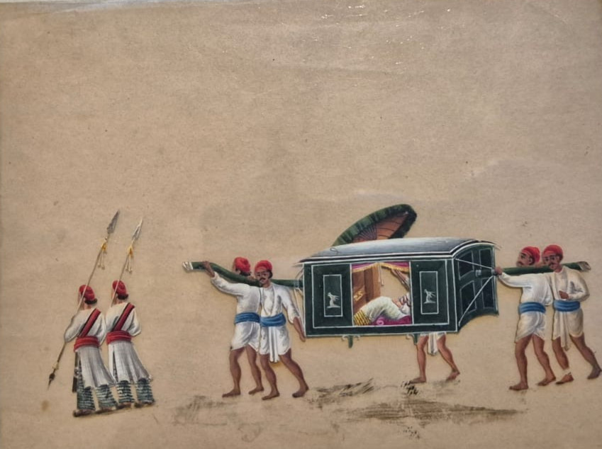 RARE ORIGINAL GOUACHE MICA PAINTING 1820S, PALANQUIN, MODES OF TRAVEL, INDIA