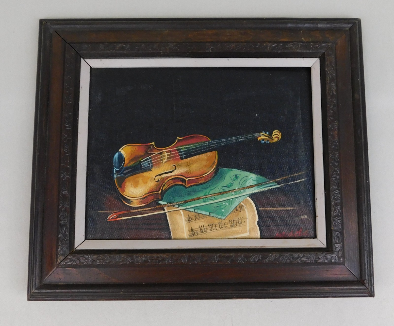 Framed Oil on Canvas Violin Still Life Painting Artist Signed Wood Frame #A399