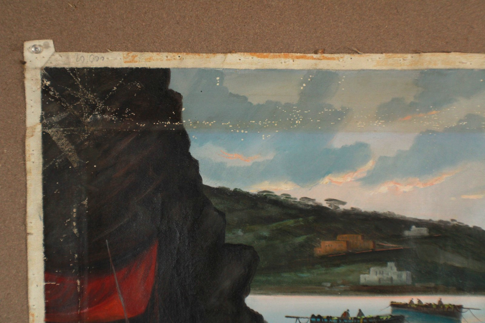 Antique Seascape With Boats And Mountains Scene Oil Painting Singed G. Levre