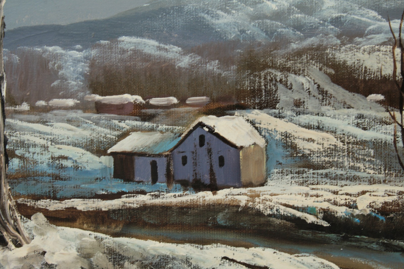 Vintage Winter Landscape Snow Cottage Scenery Oil Painting Signed Illegible