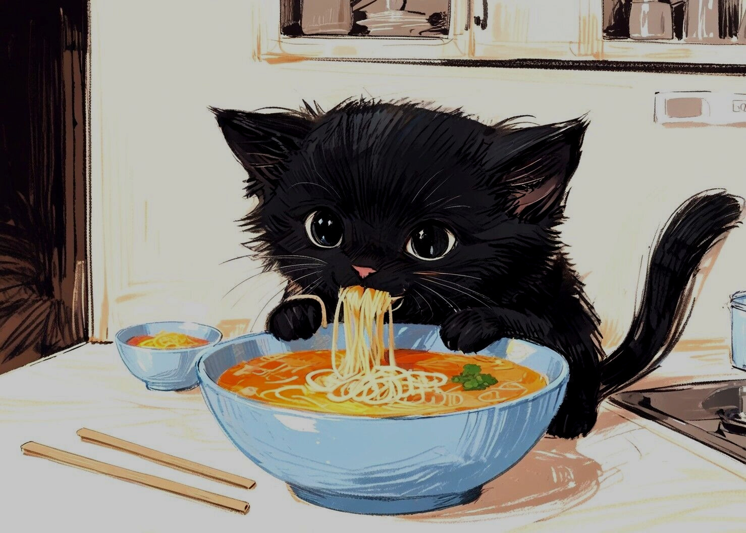 ACEO Mini *Art Print* Black Cat Baby Kitten & Ramen /Pho Noodle Soup by Saulite