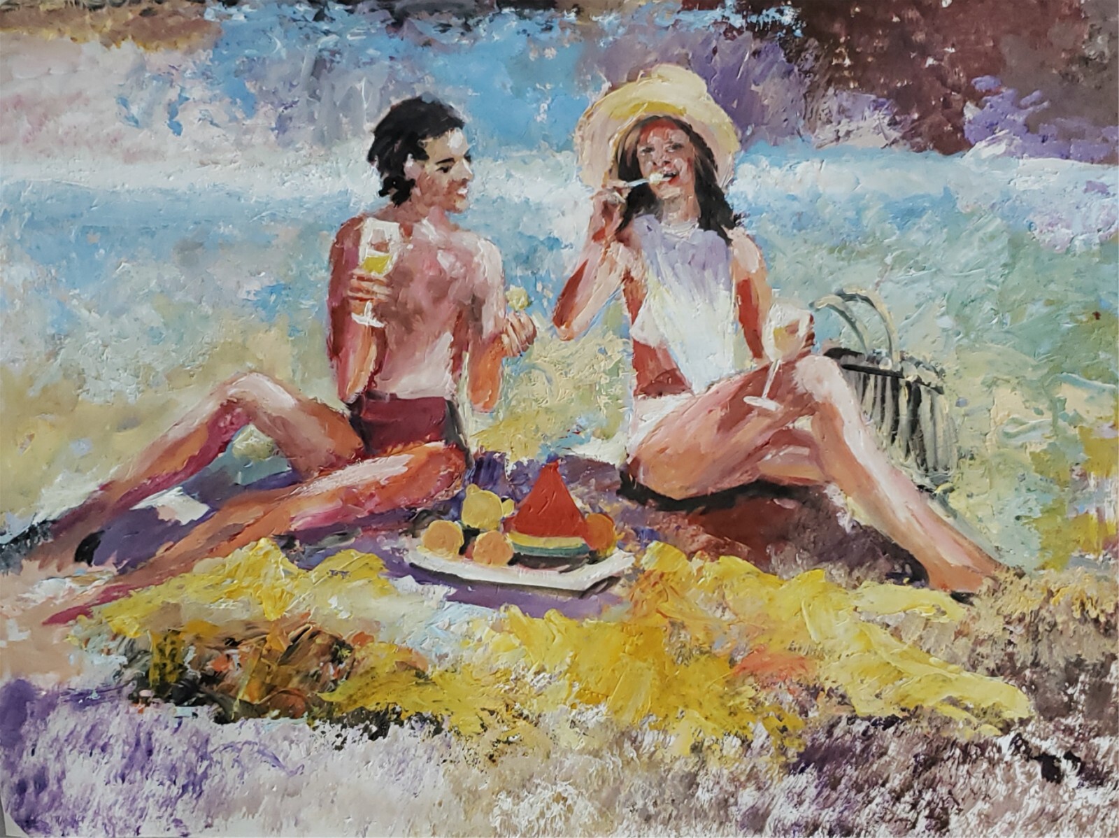 ANDRE DLUHOS Beach Seaside Summer Figure People Picnic Original Art Oil Painting