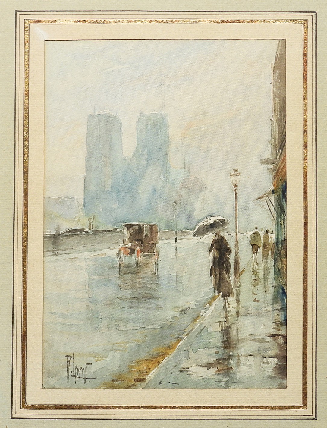 Rene Leverd French Artist Misty Day Street Scene in France WC Painting