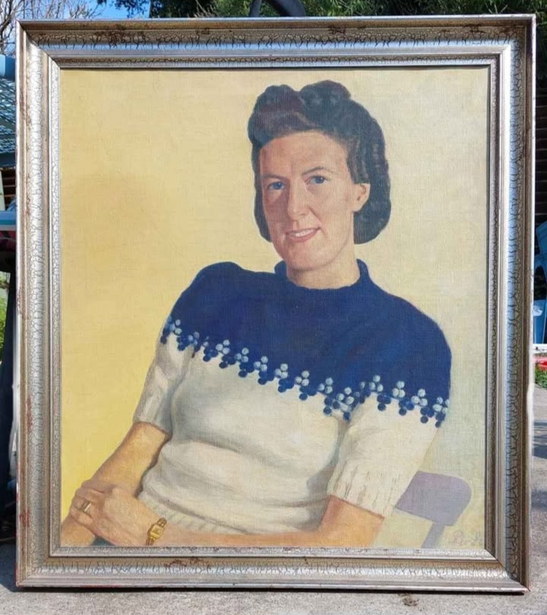 Vintage Mid Century Modern Oil Panting Portrait Of Woman In Fair-isle Sweater