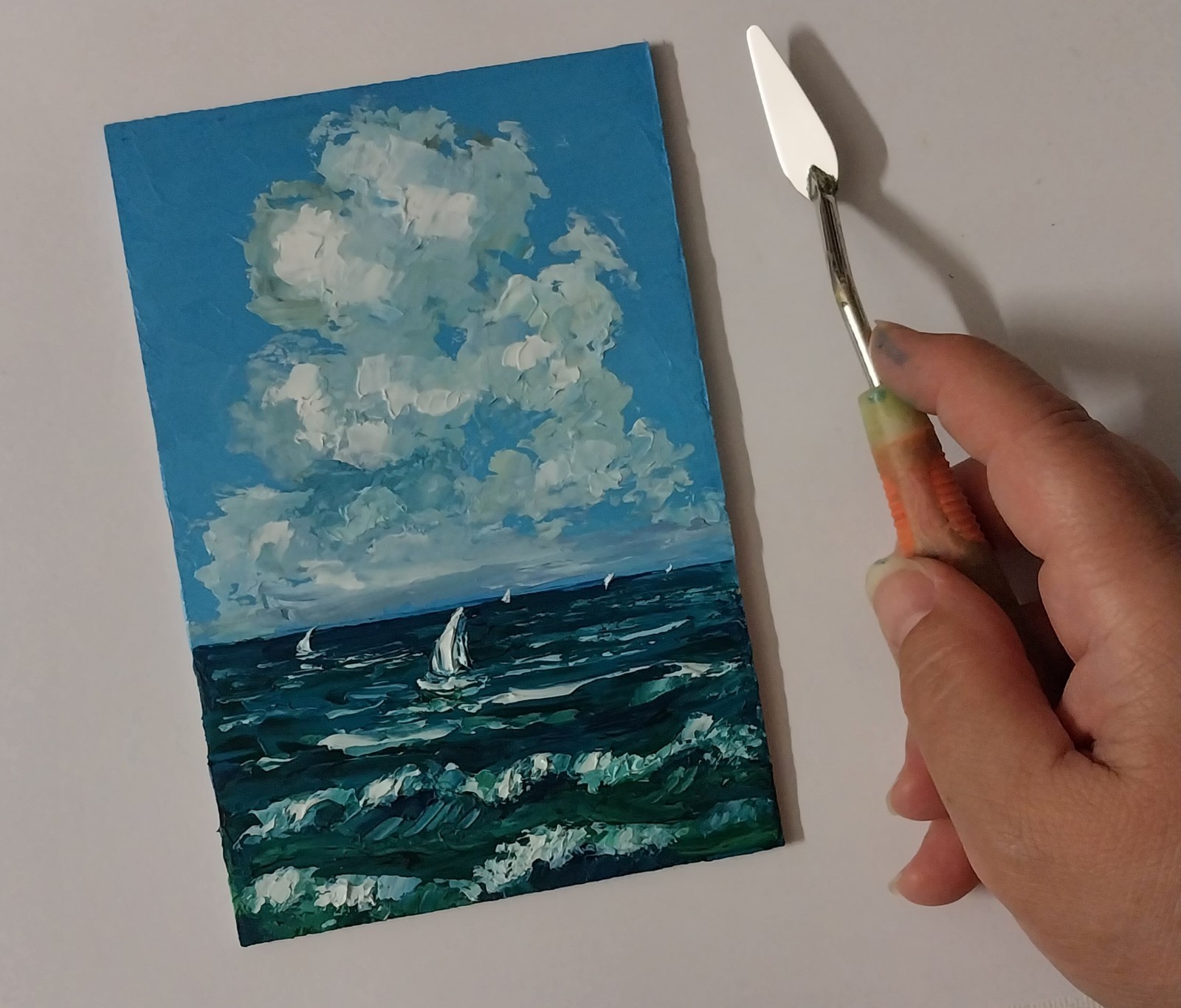 Framed Sailboats Art Cloudy Sky Seascape 4×6 inch Impasto Oil Painting Original