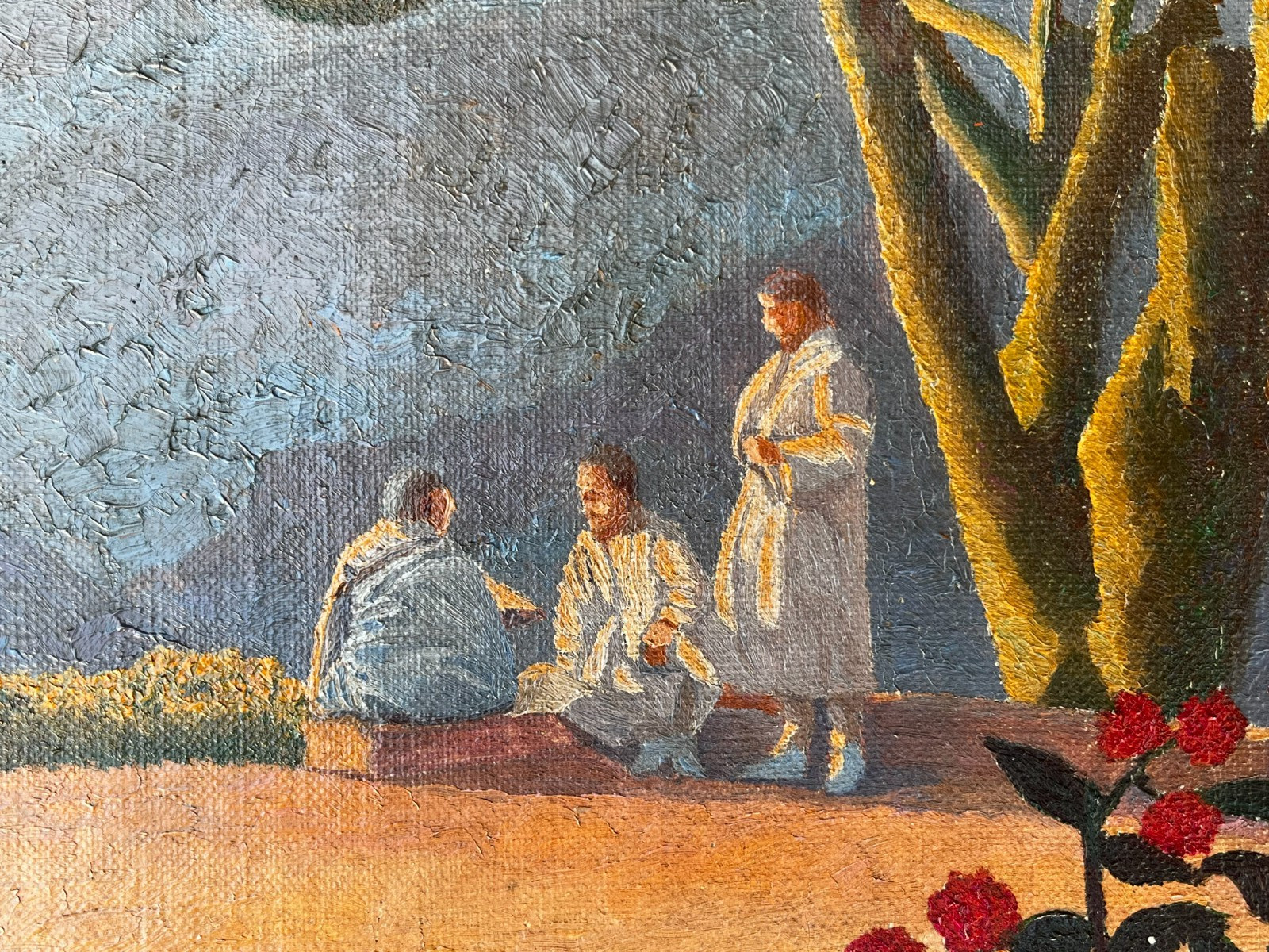India / Southeast Asian Vintage Framed Oil Painting Folk Art Scene Landscape