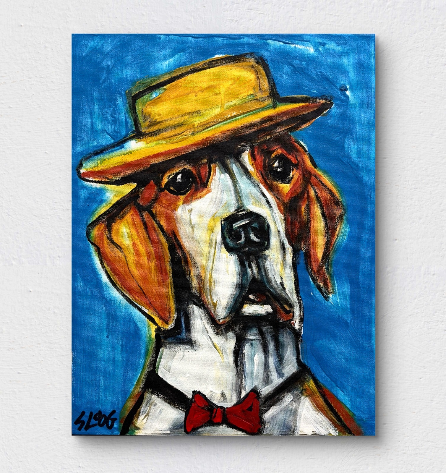 Sloog Original Art Loose Expressionist Painting on Canvas 11×14 Dog Wearing Hat