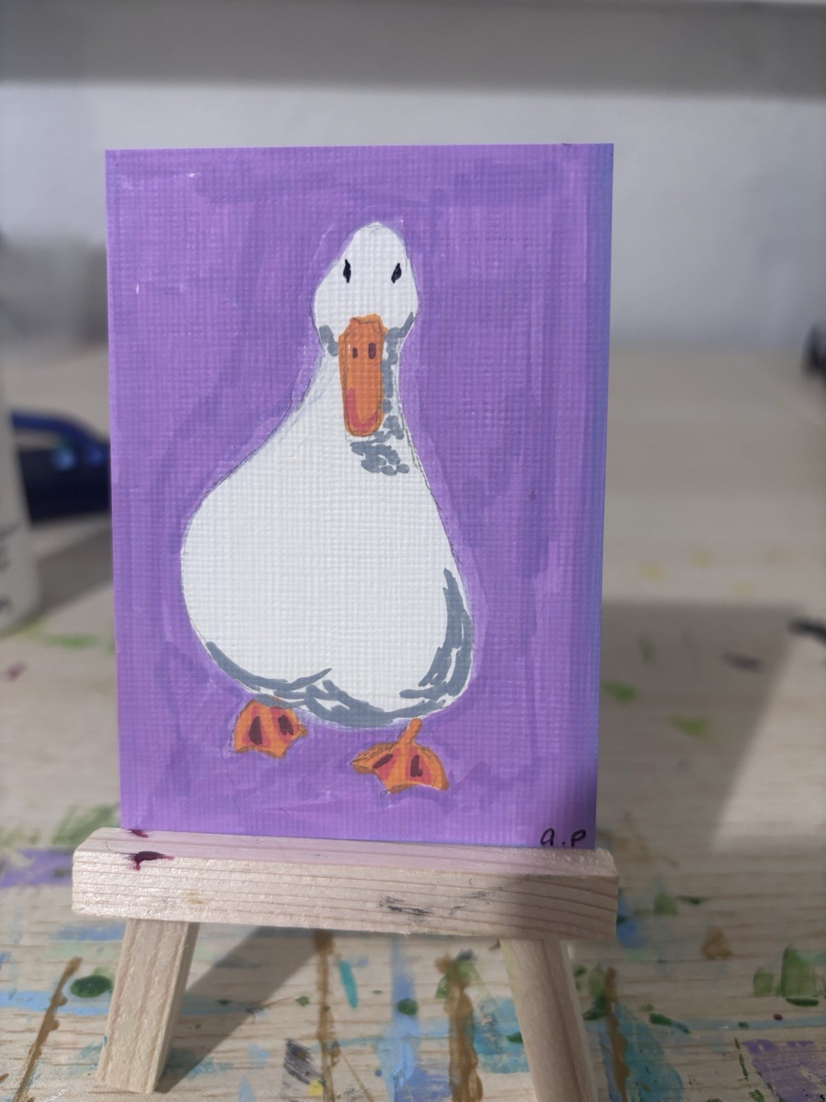 ACEO Original Art, White Duck, Acrylic Marker Painting