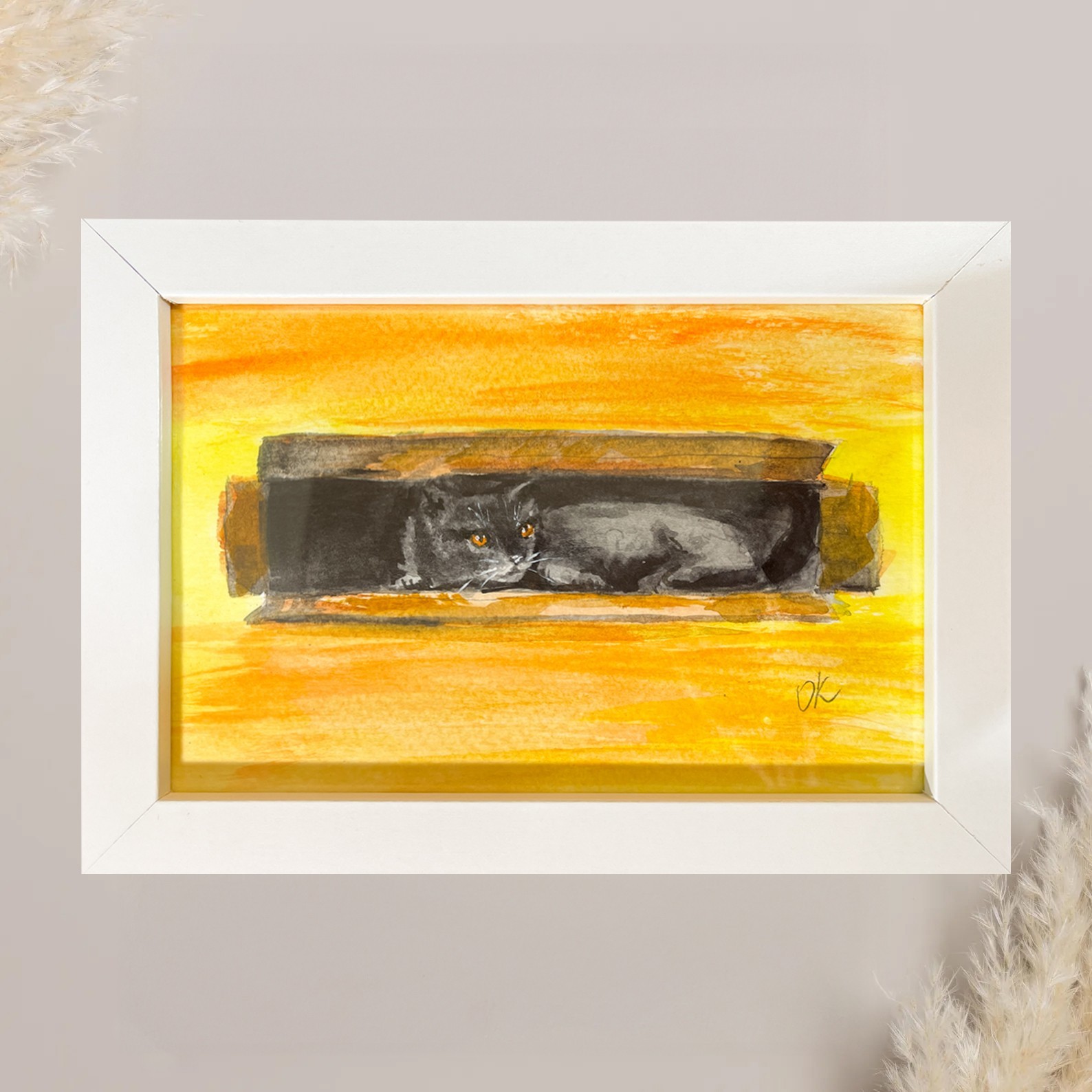 Black Cat in a Box – Hand-Painted Artwork in White Frame