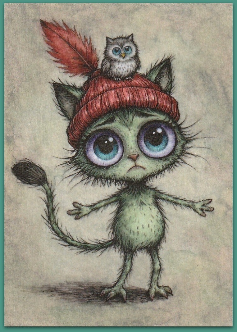ACEO 2.5×3.5 watercolor painting – cat kitten owl cute cozy tale