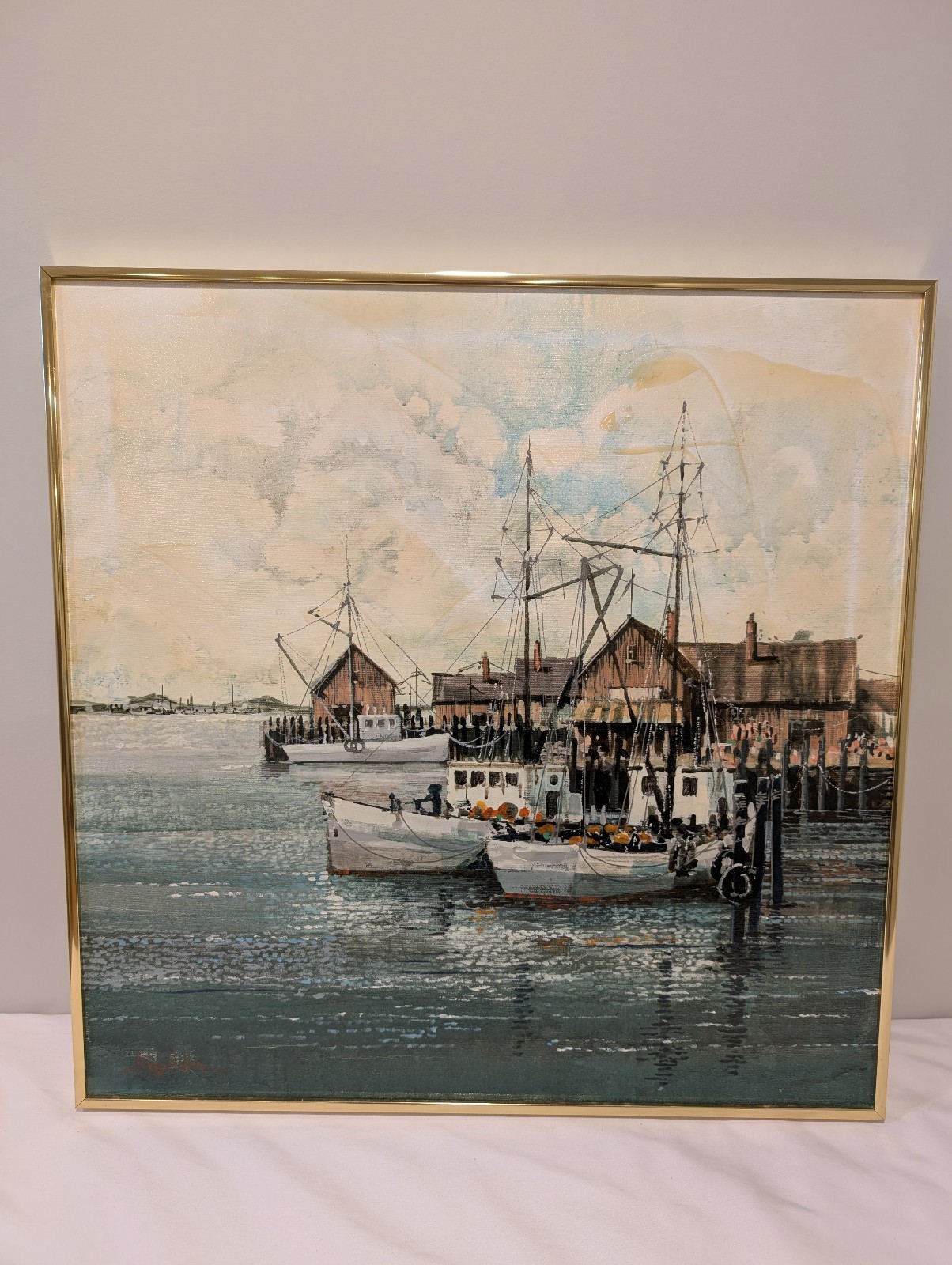 Kerry Hallam Signed Harbor Scene Hand Embellished Serigraph on Canvas Framed 24″