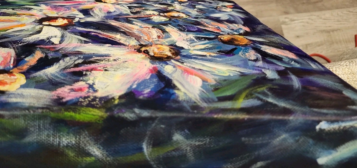 12 X 12 Loose Floral Acrylic Original Painting On Gallery Canvas, Daisies