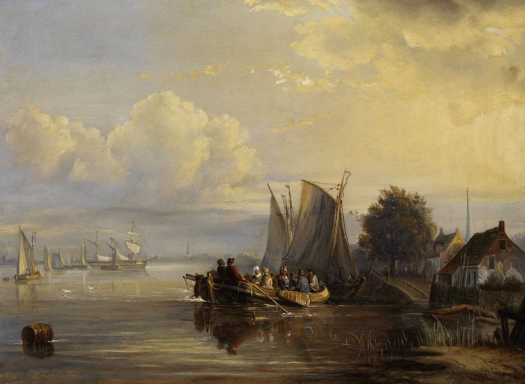 oil painting”Shore landscape with moored sailing boats and a crowded barge”N6705