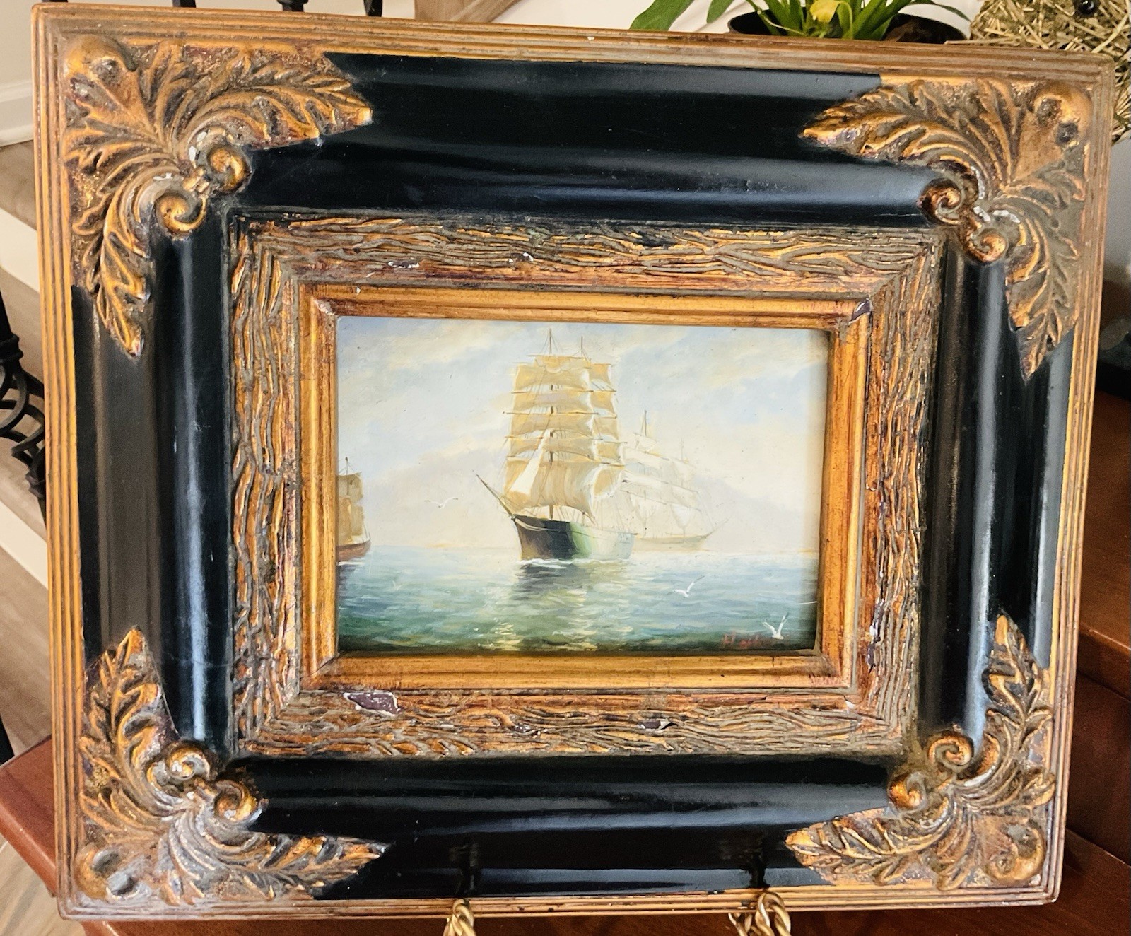 Vintage Nautical Maritime Tall Ships Oil Painting On Board Louis XV Black Gold