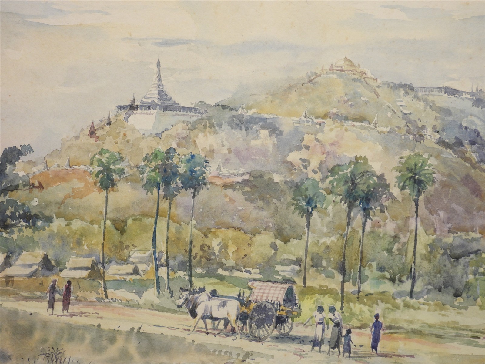 Tin Aung Htaik Burmese Artist Shwedagon Buddhist Pagoda Village Life WC Painting