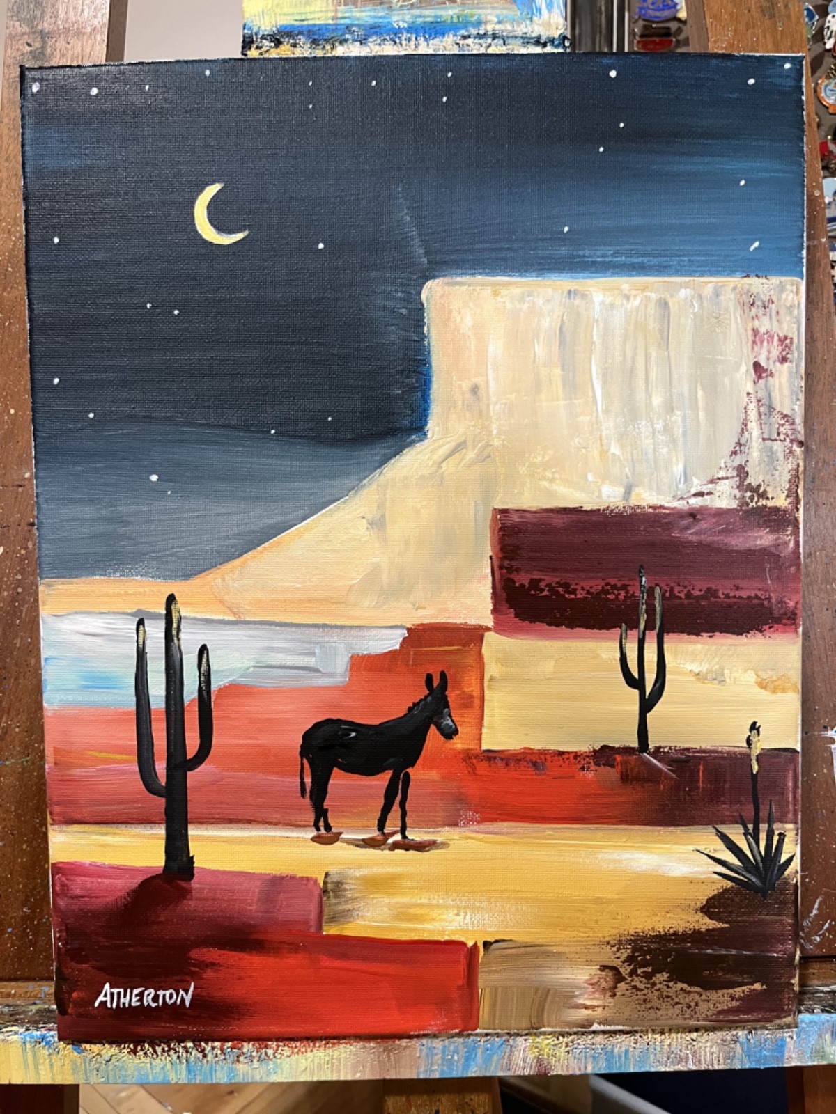 11×14 Original Desert Moon Painting Southwest Landscape Donkey Cactus Canvas Art