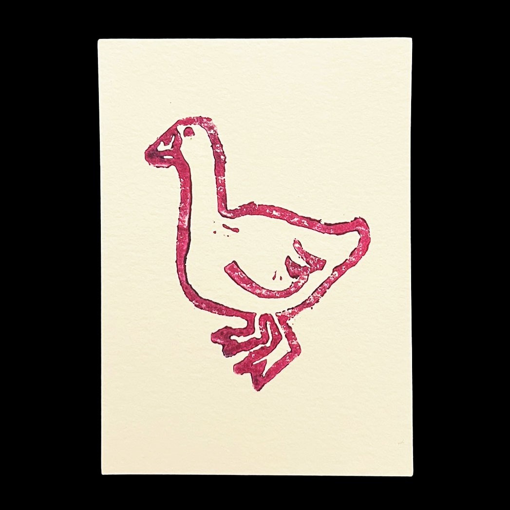 ACEO Original Goose Duck Bird Linocut Painting 3.5 x 2.5 in.