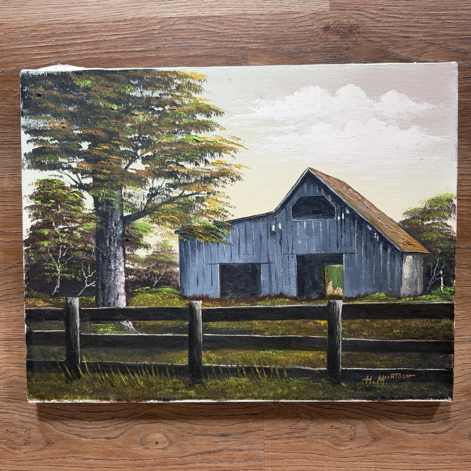 Original Oil Painting Rustic Country Barn Fence Summer Landscape Signed 14×18